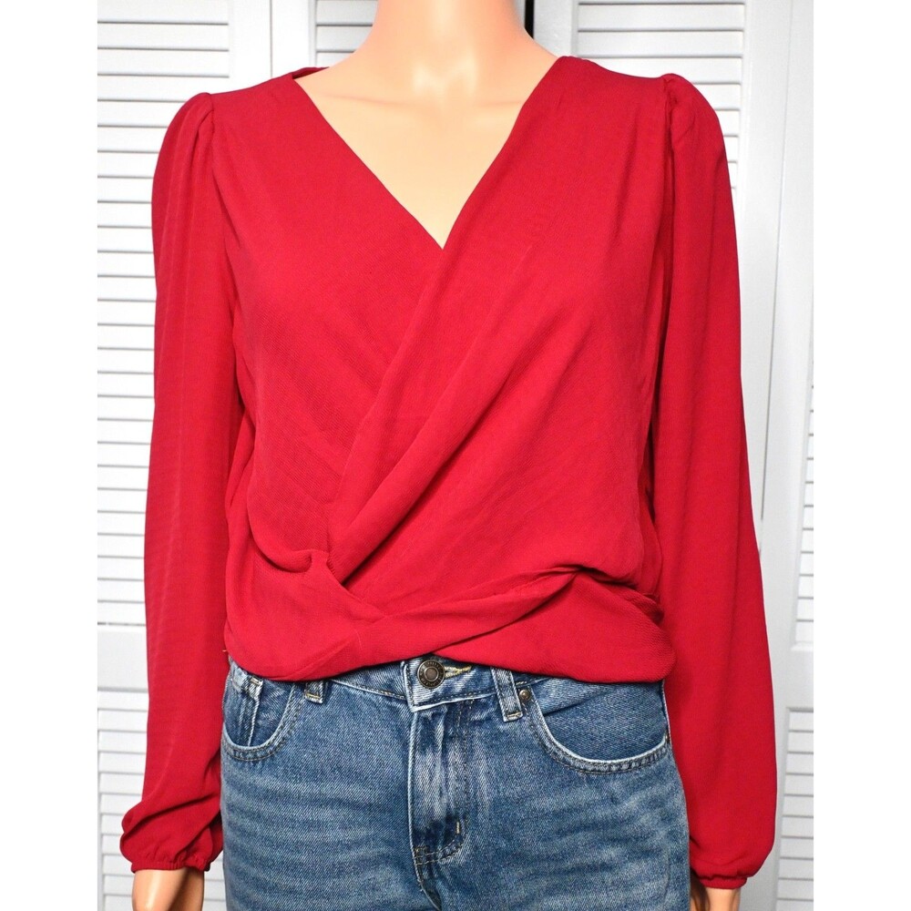 IRIS Women’s Red Wrap Front Blouse Size S Long Sleeve Twist Crop Top